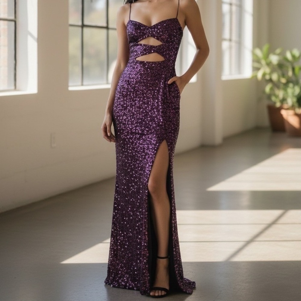 NOOKIE Sublime Cutout Sequin Gown Purple Spaghetti Strap Slit size XS sexy party